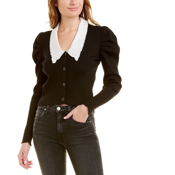 Embroidered Collar Knit Cardigan | Black Collared Cardigan - Picture 3 of 8